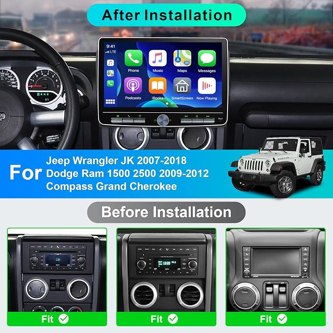 8 Core Car Radio 64G for Jeep Wrangler JK Compass Grand Cherokee Dodge Ram Upgrade Stereo Wireless CarPlay Android Auto,10.1 '' Touchscreen Head Unit Knob Design GPS WiFi AM/FM SWC