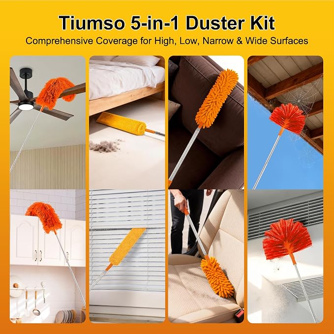 5-in-1 Duster with Extension Pole 100” Extendable Dusters for Cleaning Reusable Anti-Spin Dusting Kits for High Ceiling Fans, Cobwebs & Vents, Reinforced Stainless Steel Telescopic Handle