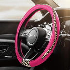 Steering Wheel Cover - Made with PVC Leather and Leopard Fabric - Universal 14 1/2 inches to 15 inches for Most Automotive Steering Wheel - Cheetah Print -Hot Pink