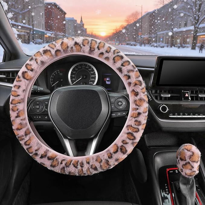 Furry Car Steering Wheel Cover with Gear Shift Cover, Soft and Warm, Cute Fluffy Auto Decor for Women Men, Standard Size, 2 PCS Set, Pink Leopard