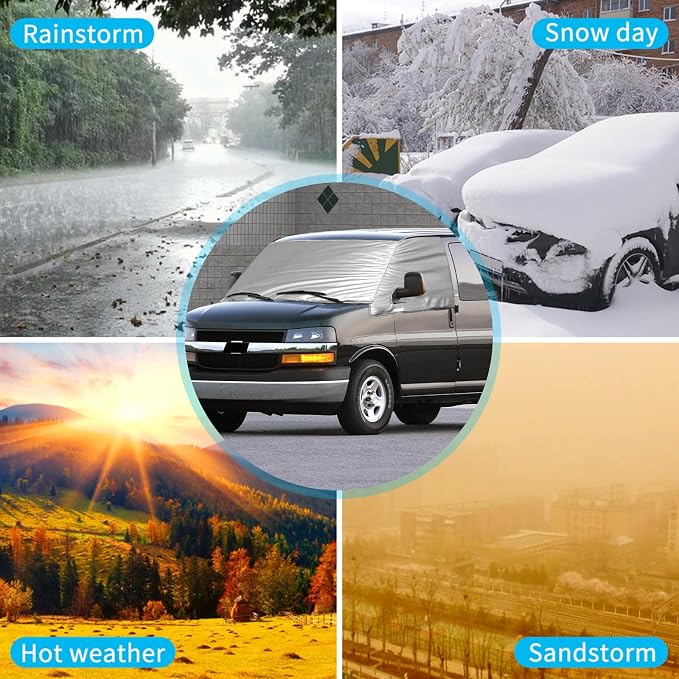 Silver RV Windshield Cover for Chevy Express GMC Savana 1996-2026 | Fits Class C Motorhome Vans, Hail Protector, Waterproof Silver Snow Cover