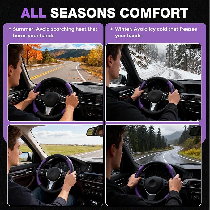 Car Steering Wheel Cover, Microfiber Leather Steering Wheel Covers with Anti-Slip Lining, Breathable Elastic Car Steering Wheel Protector, Universal Standard Size 14-15 inch