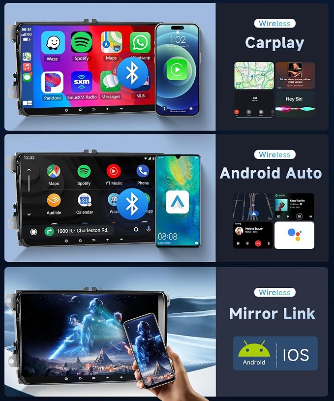 4+64G Android Car Radio Stereo with Wireless Carplay for VW Passat Tiguan Golf MK5 MK6 Jetta Skoda Seat Polo 9 Inch Capacitive Touch Screen Android Auto GPS Navigation Bluetooth FM GPS Radio