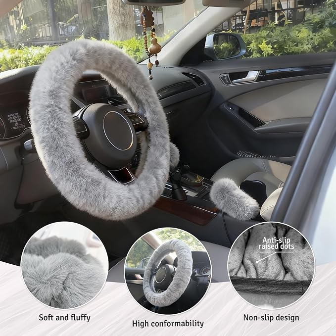 Fluffy Steering Wheel Cover 3PCS Set – Plush Fuzzy Fur Steering Wheel Cover with Gear Shift Cover & Handbrake Cover, Winter Warm Car Accessories, Car Interior Accessories for Women (Gray)