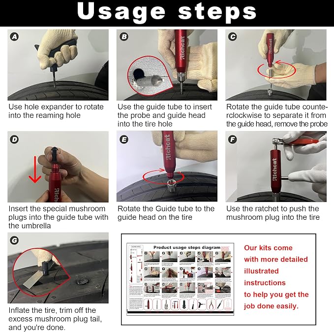Tubeless Tire Puncture Repair Kit with Mushroom Plug, Repairs punctures and Flat Tires for Motorcycles, Cars, Trucks, ATVs and Tractors
