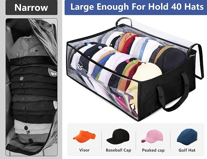 Wide Hat Storage for Baseball Caps, Large Capacity Hat Organizer for Closet Cap Holder Holds up to 40 Snapbacks, Black