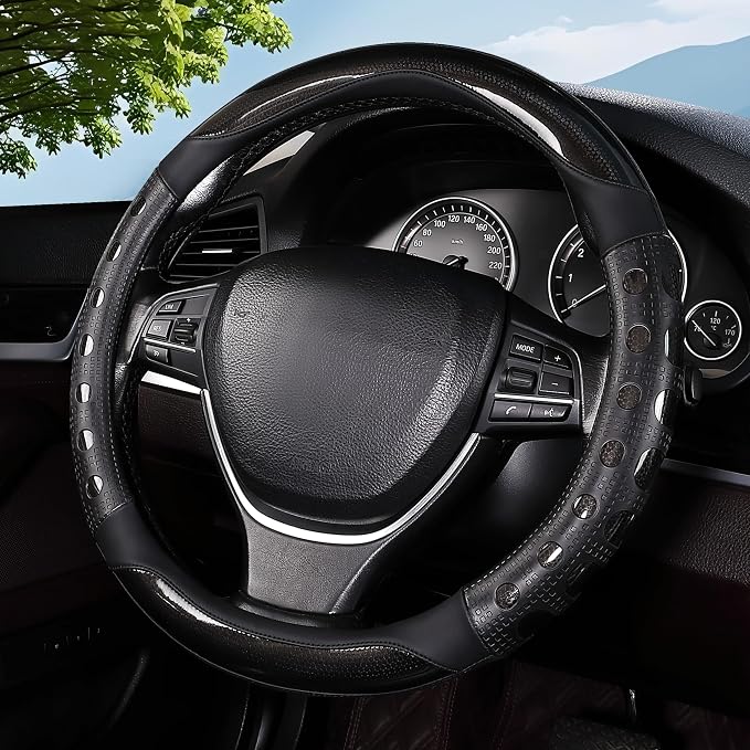 Hiseanllo Car Steering Wheel Cover, 14.5-15 Inch Universal Fit, Sporty Anti-Slip Leather Steering Wheel Protector with Glossy Color Accent, Comfortable Grip for Cars, SUVs, Trucks(Black)