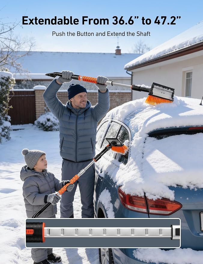 47.2" Ice Scrapers for Car Windshield, 3 in 1 Sturdy Snow Brush with Squeegee, 10 Adjustable Length Settings, Extendable Aluminum Handle, 180° Pivoting Snow Scraper for Car, Truck, SUV(Orange)