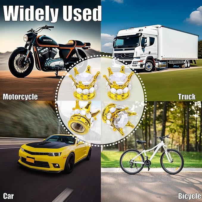 4PCS Crown Bling Tire Stem Valve Caps, Crystal Diamond Car Wheel Tire Valve Caps Universal Copper Core Stem Covers for Cars, SUV, Trucks, Bikes, Motorcycles, Bicycles (Gold & Silver)