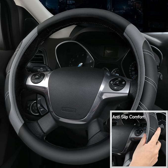Leather Steering Wheel Cover and Waterproof Car Floor Mats,Microfiber Universal Car Combo Fit for 95% Sedan,SUV,Cars,14.5-15inch Sporty Anti-Slip Safety Comfortable Design(Black＆Gray)