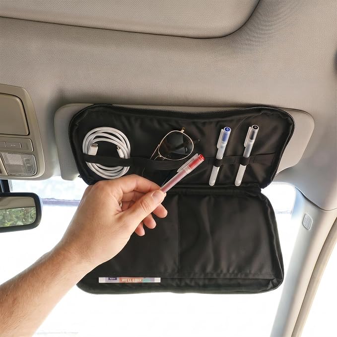Car Visor Organizer – Non-Sag Adjustable Straps – Nylon Sun Visor Storage Pouch with Card Holders, Pen Slots & Mesh Pockets – Universal Fit for Most Cars, Trucks & SUVs | Non-Sag Design