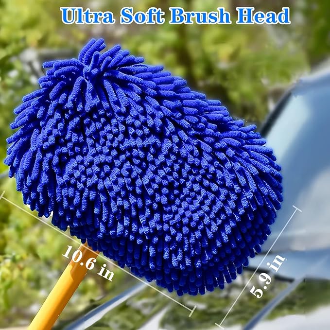 43'' Car Wash Brush with Long Handle Chenille Microfiber Car Wash Kit Mitt Retractable Bent Pole Car Wash Mop for Cars RV Truck Boat (Blue-1)