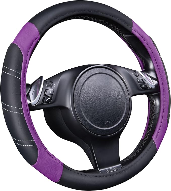 Line Rider Microfiber Leather Sporty 14.5-15 inch Steering Wheel Cover Universal Fits for 95% Truck,SUV,Cars, Anti-Slip Safety Comfortable Design (Black Purple)