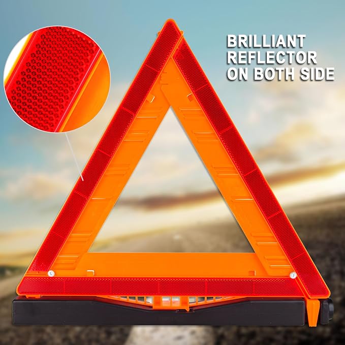 3PK DOT Warning Triangles with Empty Base & Storage Case | No pre-filled sand, fill sand yourself for stability, high visibility reflectors meet US FMVSS 571.125 safety specs
