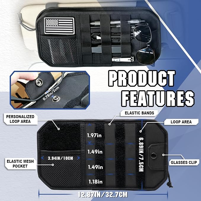 SAMPUSS Car Sun Visor Organizer Car Sunglass Holder with Storage Pouch | Semi-rigid molle panel car truck accessories with zipper for men&women fit most cars trucks vans suvs jeeps patrols