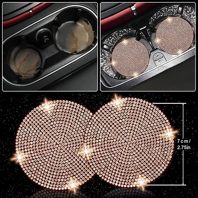 27 PCs Gold Champagne Bling Car Accessories Set for Women, Steering Wheel Covers Universal Fit 15 Inch, Bling License Plate Frame, Bling Phone Holder, Bling Car Coasters
