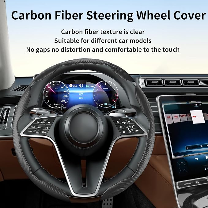 3Pcs Carbon Fiber Steering Wheel Cover Universal Fit 99% Cars | Non-slip soft grip, easy to wipe clean, quick to install, perfect for daily commutes and road trips, Black