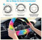 5 Pcs Fuzzy Tie Dye Rainbow Car Accessories Set, Soft Fluffy Plush Steering Wheel Cover, Center Console Armrest Pad & Rearview Mirror Cover - Interior Decorations for Women,Universal Fit (Candy)