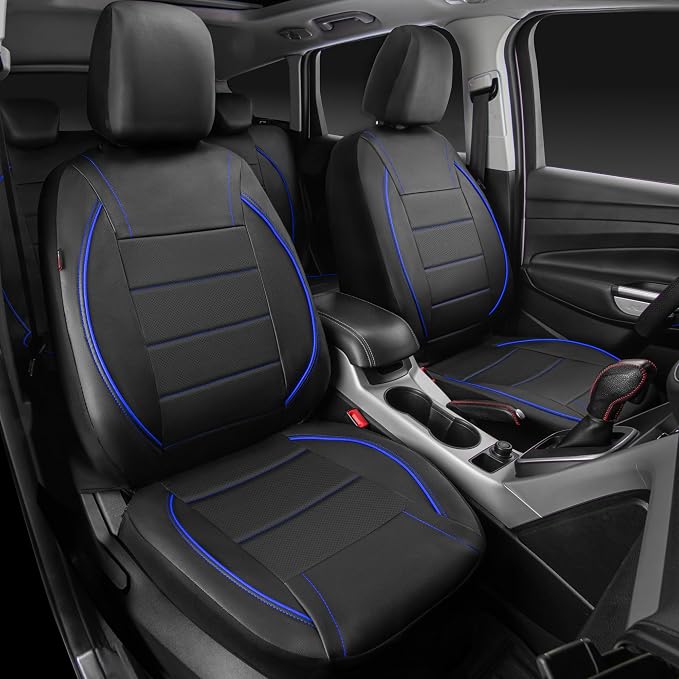 Universal FIT Piping Leather Car Seat Cover, for suvs,Van,Trucks,Airbag Compatible,Inside Zipper Design and Reserved Opening Holes (Full Set, Black and Blue)