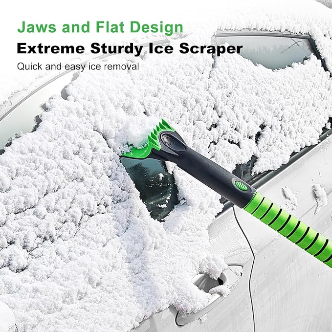 56 Inch Truck Snow Brush Scraper Long Handle, Heavy Duty Extendable Snow Broom for SUV, Windshield Ice Scraper with Foam Grip for Car Automobile Vehicle Window - Green