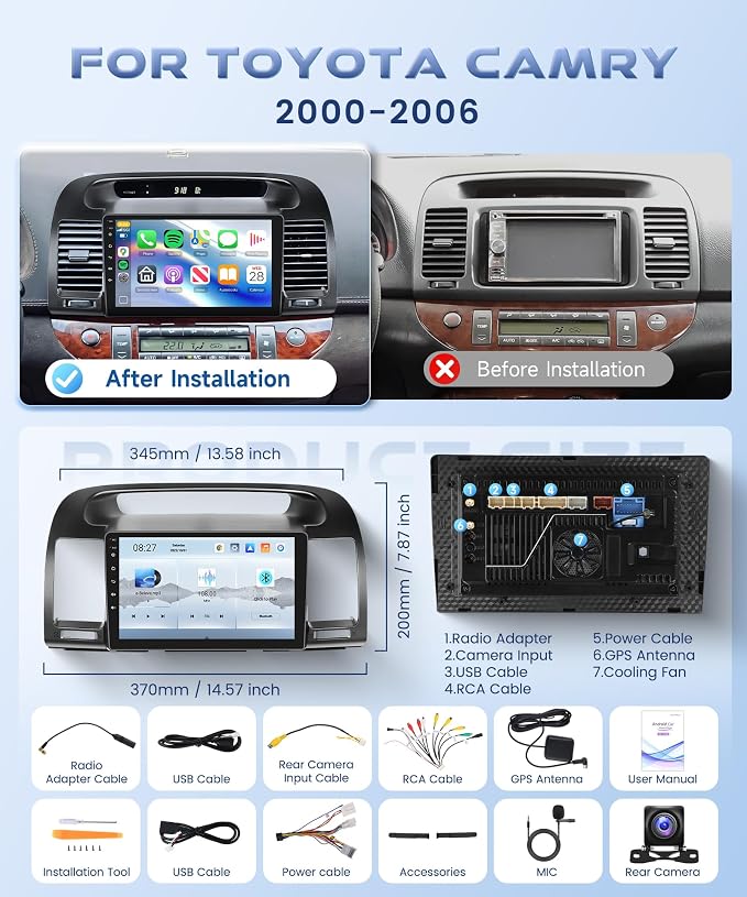 8 Core 4G+64G Qual-comm Snap-Dragon Chip Stereo for Toyota Camry 2000-2006 (Not Fit-J.B.L), Carplay Radio Android auto, 5GWiFi GPS, 9 inch IPS Touch Screen, Bluetooth 5.1 AHD Backup Camera