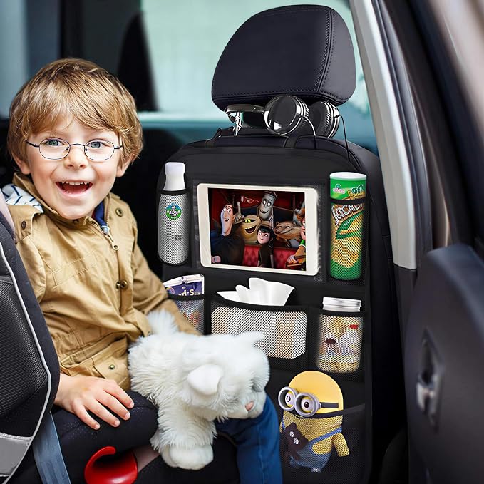 Backseat Car Organizer Mats Back Seat Organizers and Storage Bag with Touch Screen Tablet Holder for Kids Toddlers Seats, Travel Accessories, Road Trip Essentials (2PCS)
