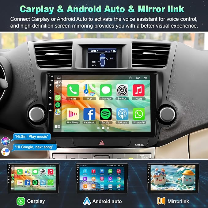 Car Radio for Toyota Highlander 2008-2013,8 Core 6GB+128GB | 10.2 Inch QLED Touch Screen, Carplay&Android Auto&Mirror Link,WiFi,GPS Navigation,Bluetooth5.0,FM&AM radio,Split Screen