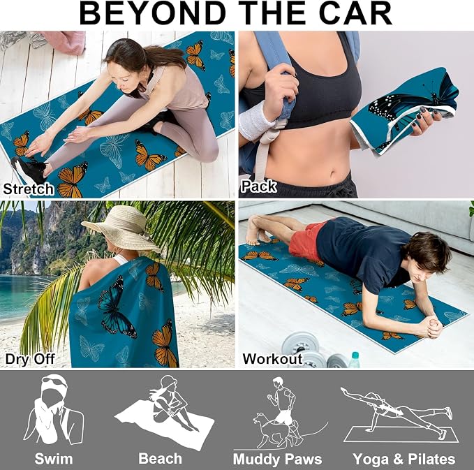 2 Pack Car Towels Seat Cover with Storage Bag, Multifunctional Microfiber Towel for Gym Outdoor Sport Running,Picnic, Beach, Pet Dog Travel,Fits Car SUV Truck (Blue Butterflies)