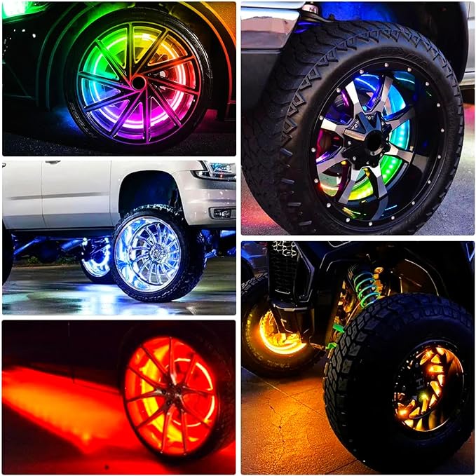RGB Wheel Lights, Double-Sided Glow Ring Light Hub Kits for Cars Truck SUV | 12V DC, 4PCS, 17inch, Waterproof, Underglow Accessories Controlled by Remote and APP, with Turn & Braking Signal, Music Sync