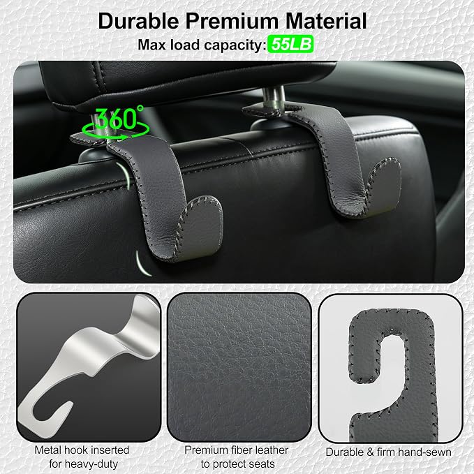 Car Seat Headrest Hook, Universal Vehicle Storage Hanger, Leather with Metal Car Seat Back Organizer for Handbag, Purse, Coat, Ergonomic Design, Gray 4 Pack