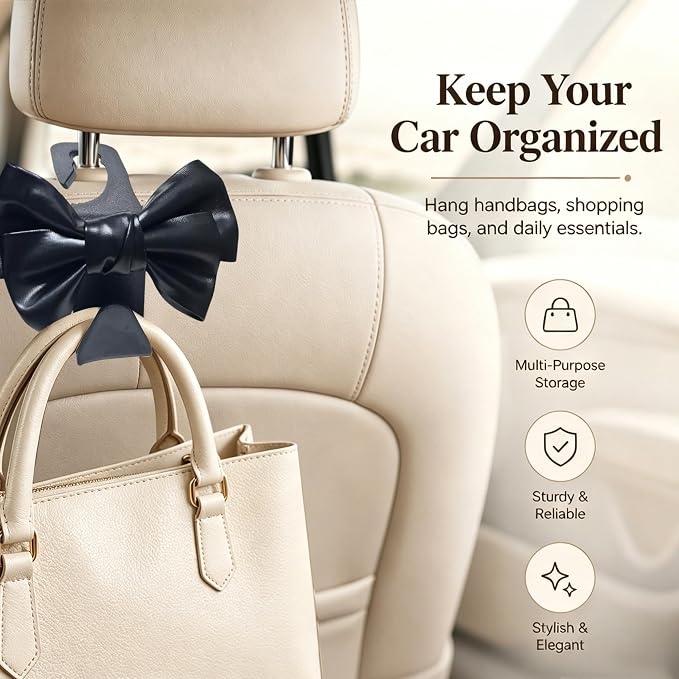 2 Pack Car Purse Hooks, Cute Bow Car Seat Headrest Hook Hanger for Purses and Bags, Space-Saving Car Accessory(black)
