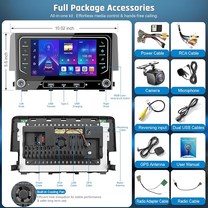 5G WiFi Upgrade Android 15 Car Radio for Honda Civic 2016 2017 2018 2019 2020 2021, 7 Inch IPS Touch Screen with Wireless CarPlay Android Auto, GPS/Bluetooth/FM/SWC/Type C/Backup Camera, 4+64G