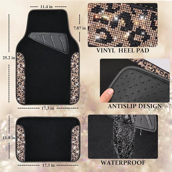 Bling Diamond Car Floor Mats, Shining Rhinestone Carpet Sparkly Glitter Crystal with Anti-Slip PVC Heel Pad Waterproof Universal Fit Automotive SUV,Sedan,Van,Cute Girl Women,4pcs Gold Leopard