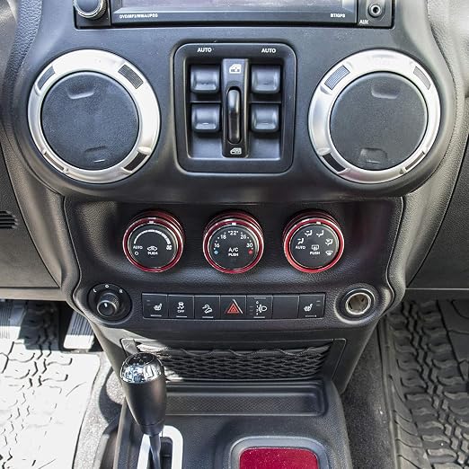 Audio Air Conditioning Button Cover Decoration Twist Switch Ring Trim for Jeep Wrangler JK JKU Patriot 2011-2018, Compass 11-16, Liberty 08-12, Dodge Challenger 08-14 Interior Accessories (Red 3PCS)