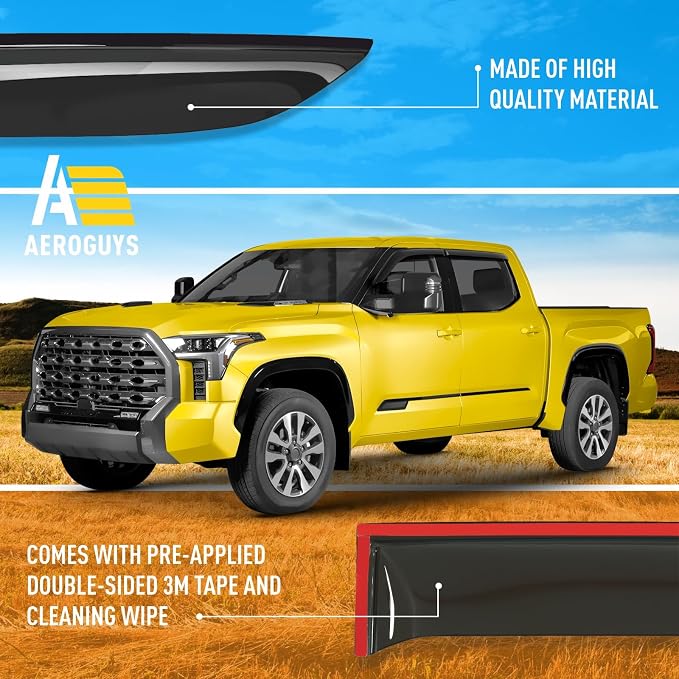 Extra Durable Window Deflectors Tape-On Window Visors Rain Guards Fit for Toyota Tundra 2022-2026 CrewMax, Sun Visors, Wind Vent for Shades, Exterior Car Accessories - 4pcs. AG0181
