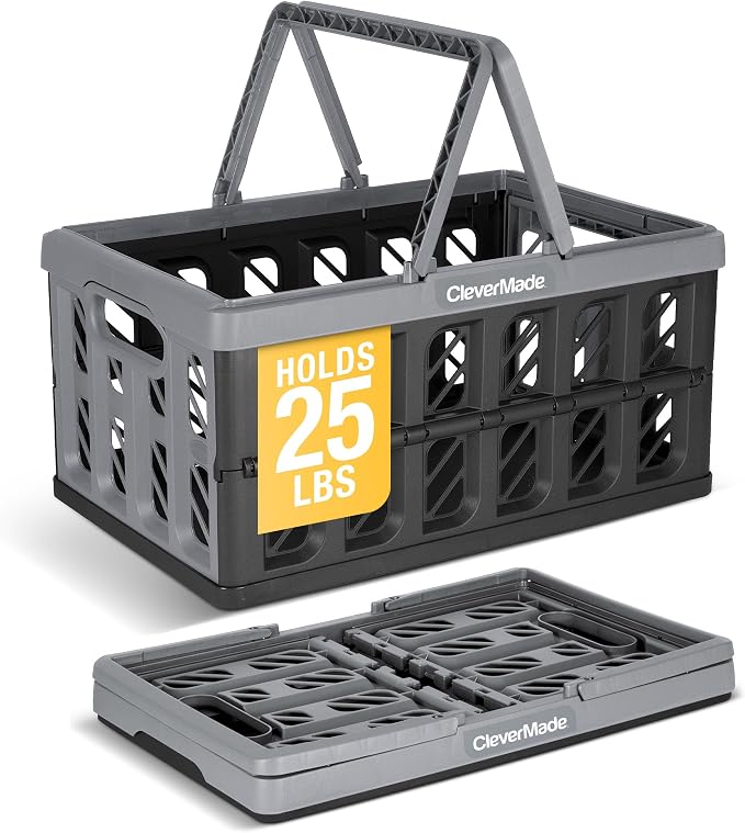 Collapsible Shopping Basket with Handles – 24L Collapsible Grocery Tote, Plastic Storage Baskets Fold Flat, Stackable Collapsible Storage Bins for Car & Home - Stone