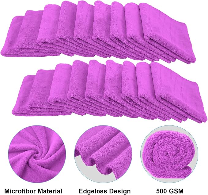 30 Pcs Edgeless Microfiber Plush Towels for Cars Detailing Drying Wash Polishing Absorbent Cleaning Cloths, 500 GSM (16 x 16 Inch,Purple)