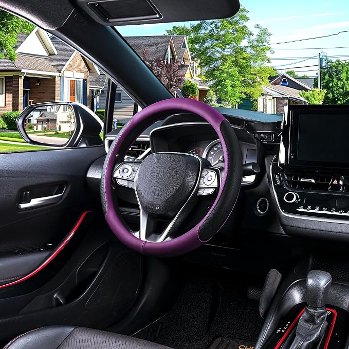 Steering Wheel Cover for 14.5-15 inch Wheels, Breathable PU Leather with Perforated Sides, Anti-Slip Grip, Universal Fit for Cars & SUVs, Black and Dawn Purple