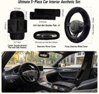 5 Pcs Fuzzy Black Color Car Accessories Set, Soft Fluffy Plush Steering Wheel Cover, Center Console Armrest Pad & Rearview Mirror Cover - Interior Decorations for Women,Universal Fit (Black)