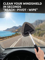 Window & Windshield Cleaner, Extendable, 3 Microfiber Pads (Grey) | Pivoting Triangle Head Wiper Cleans Interior & Exterior Glass, 3 Washable Reusable Bonnets, Lint-Free