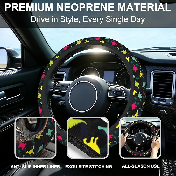 Dinosaur Steering Wheel Cover for Women Girly,Colorful Dino with Paws 15 Inch Non-Slip Breathable Neoprene Steering Wheel Cover Fit Auto,SUVs,Includes 2 PCS Cup Coasters