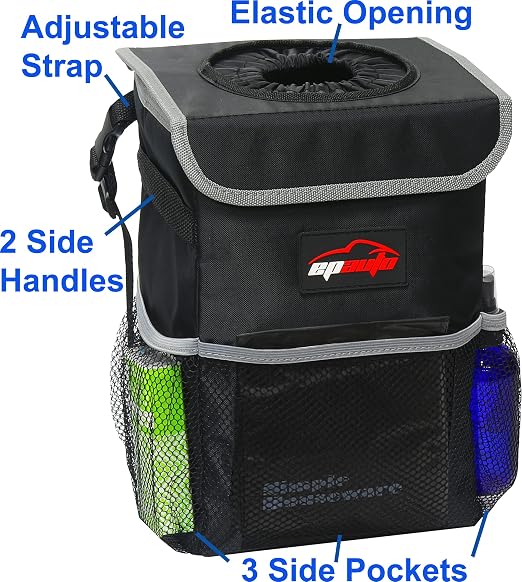 Waterproof Car Trash Can with Lid and Pockets, 2.5 Gal, Black | Leakproof, Collapsible Multipurpose Car Bin with 3 Side Storage Pockets, Adjustable Straps