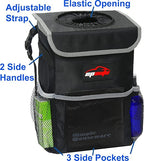 Waterproof Car Trash Can with Lid and Pockets, 2.5 Gal, Black | Leakproof, Collapsible Multipurpose Car Bin with 3 Side Storage Pockets, Adjustable Straps