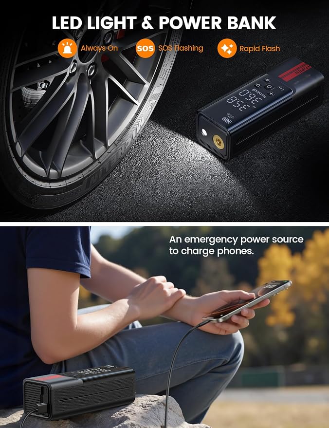 Portable Car Tire Inflator - Air Compressor [150 PSI] [4X Faster] Cordless Car Air Pump Rechargeable, Pressure Gauge Display, LED Light, for Cars, Motorcycles, Bike, Wheels Accessories Gifts