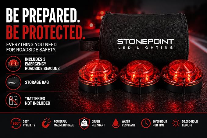 Emergency LED Road Flare Kit Set of 3 LED Bright Roadside Beacons with Magnetic Base Flashing or Steady Red Lights Includes Storage Bag