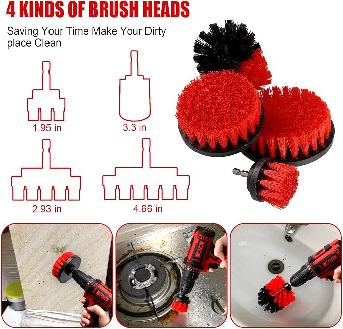 18 PCS Car Cleaning Tools Kit, Car Detailing Brush Set with Driller Attachment Set, Car Wash Kit, Car Cleaning Brushes for Cleaning Interior, Exterior, Wheels, Etc. (Red)