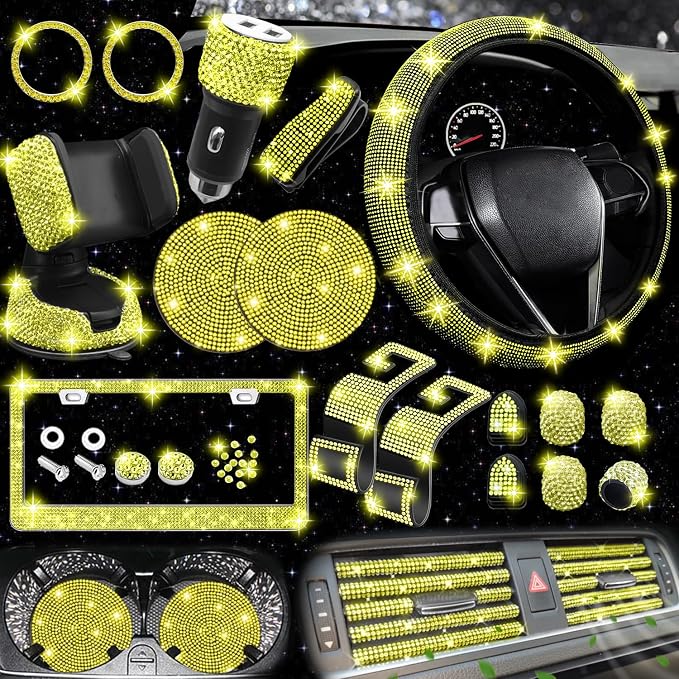 27 PCs Yellow Bling Car Accessories Set for Women, Steering Wheel Covers Universal Fit 15 Inch, Bling License Plate Frame, Bling Phone Holder, Bling Car Coasters (Yellow Diamond)