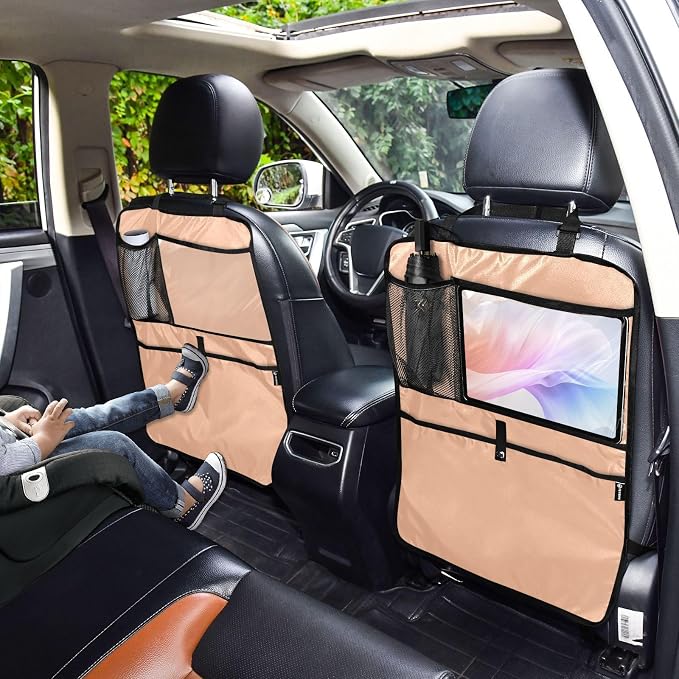 Peach Fuzz Car Seat Organizer for Kids Backseat Kick Mat with Adjustable Strap Seat Back Cover for Cars SUV Vehicle 1 Pcs