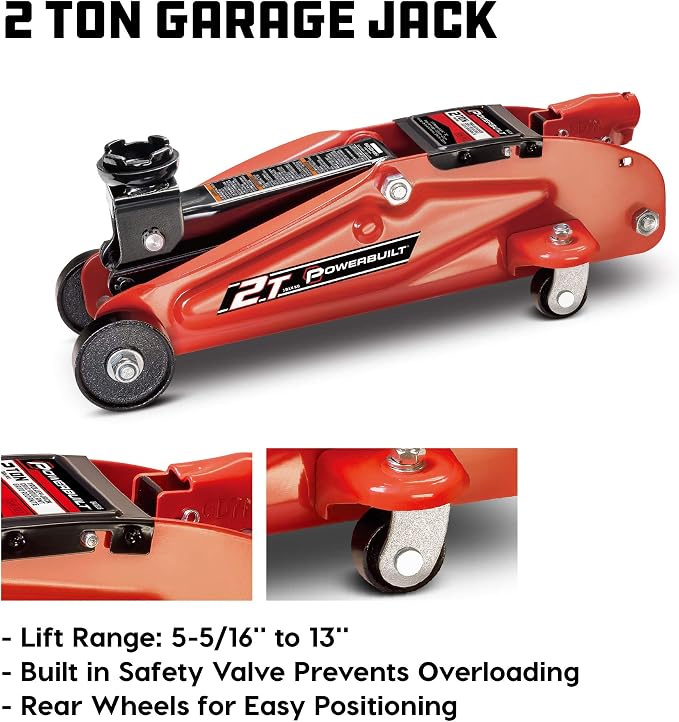 Powerbuilt 6 Piece Car Jack and Garage Creeper Service Set, 2 Ton Vehicle Lift, Jackstands, Folding Creeper, Wheel Chocks, Car Repair Garage Equipment - 640816, Large, Red