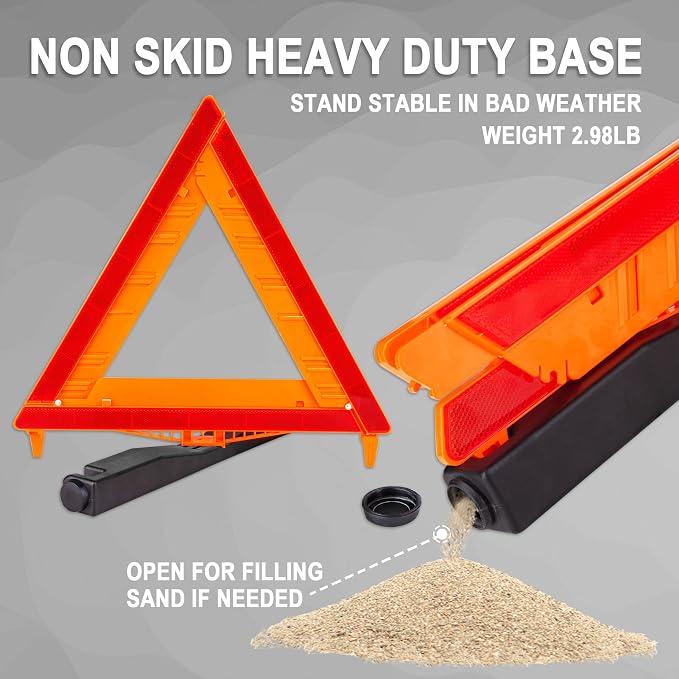 12PK DOT Approved Foldable Road Safety Warning Triangles | Heavy weighted anti-tip base, high visibility reflect panels, fully compliant with US FMVSS 571.125 roadside safety rules
